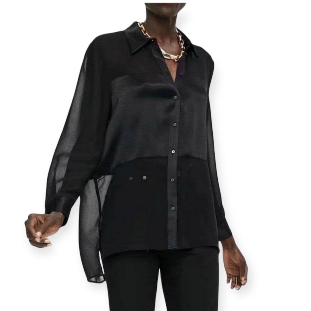 ZARA Sheer Satin Block Cutout Black Button Down Blouse